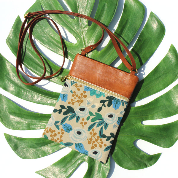 Faux Leather and Blue Floral Handmade Purse