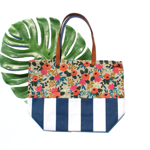 Floral and Cabana Stripe Tote Bag - Rifle Paper Co. Floral Tote