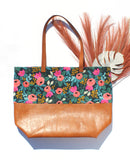 Navy Floral and Leather Colorblock Tote