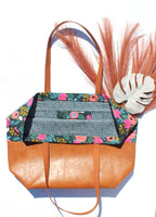 Navy Floral and Leather Colorblock Tote