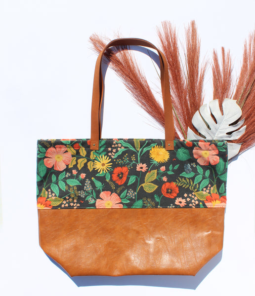 Black Floral and Leather Colorblock Tote